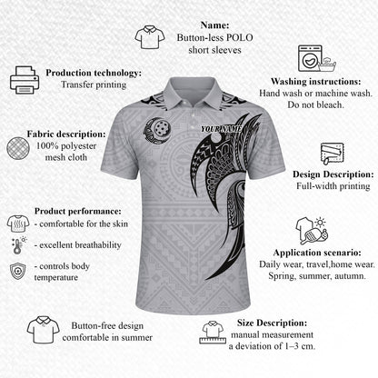 Pickleball Polo Shirt Custom Name Polynesian Tribal Style Performance Shirt Grey