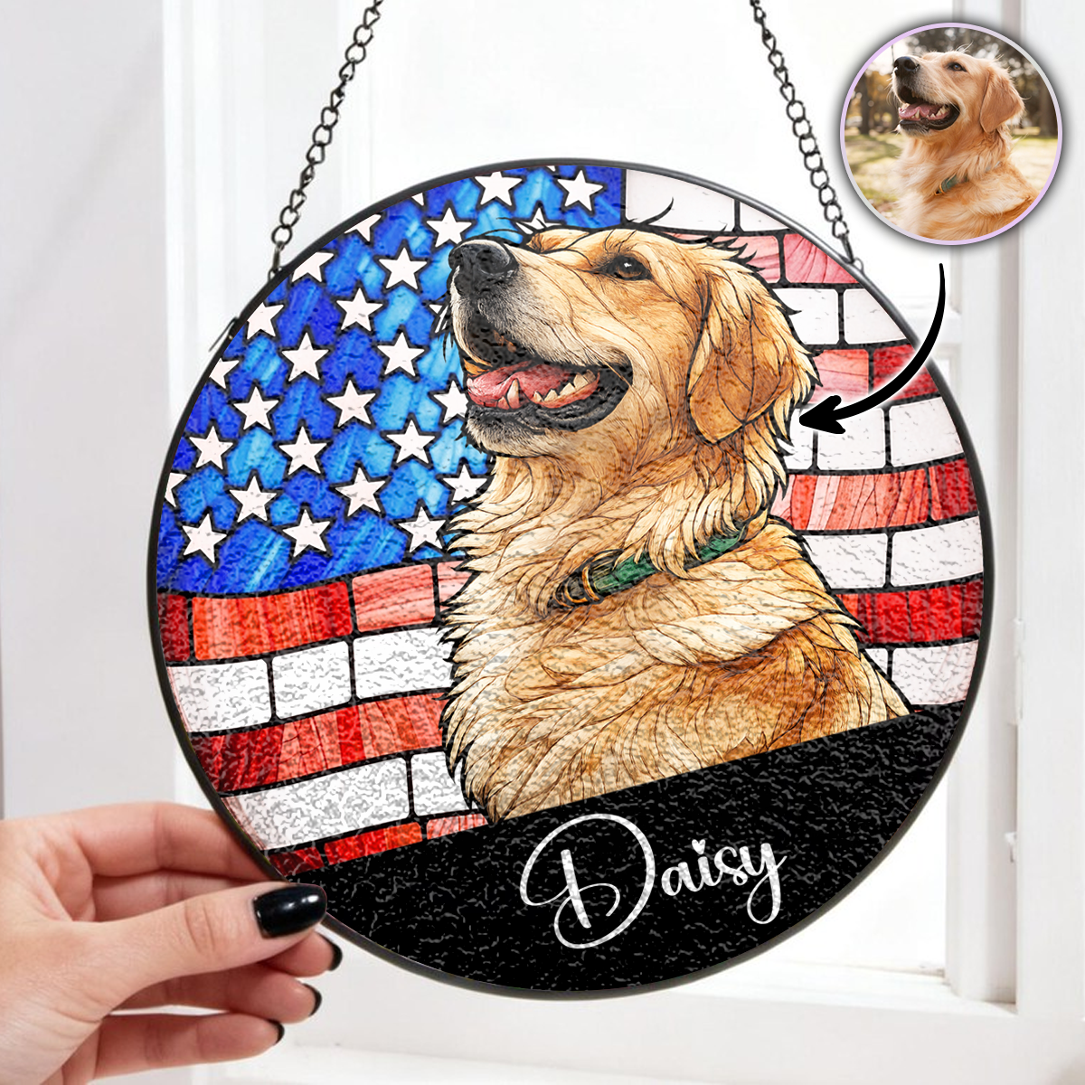 Custom Dog Cat Photo USA 250 Anniversary - Stained Glass Window Hanging Suncatcher