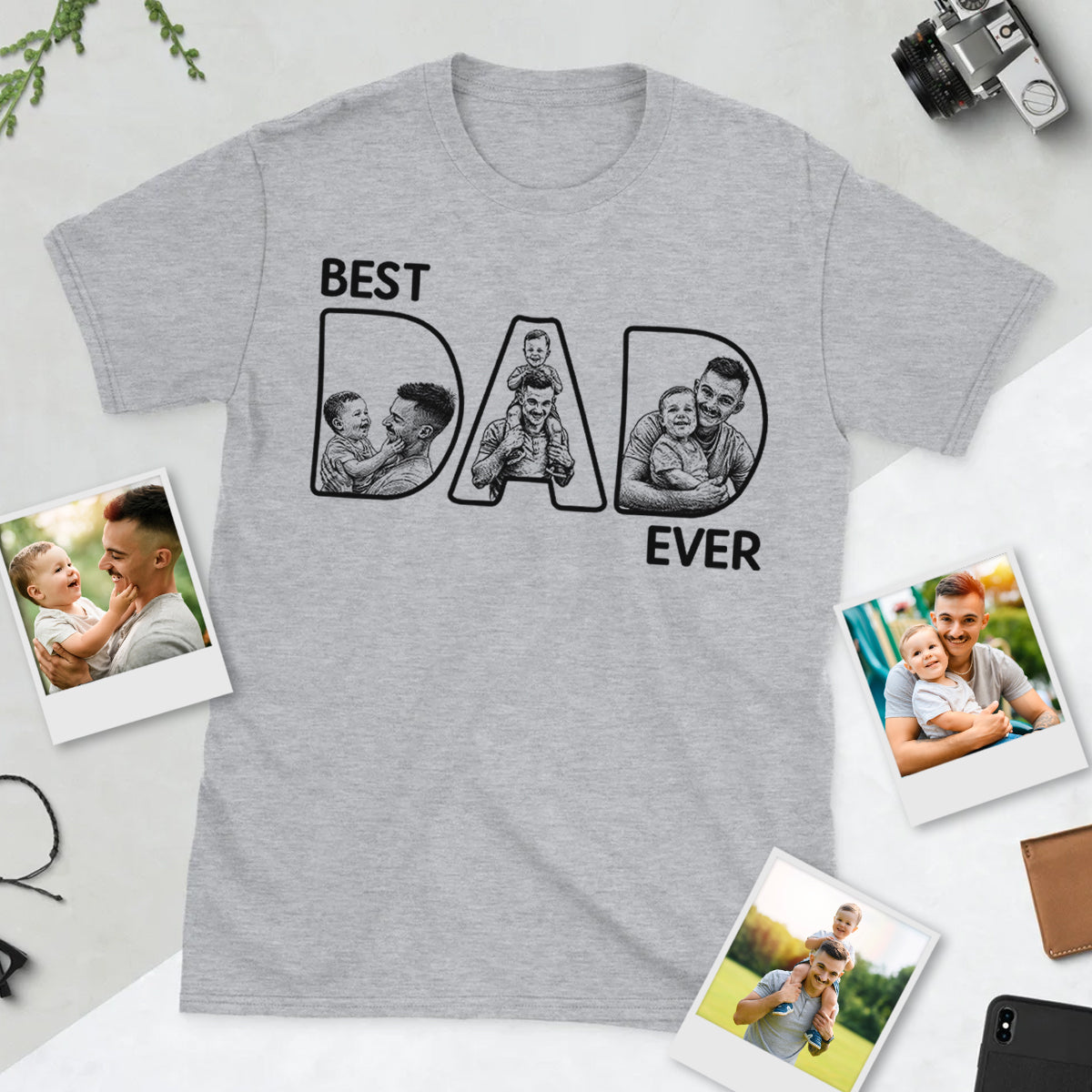 Best Dad Ever Pencil Sketch Photos - Personalized T-Shirt