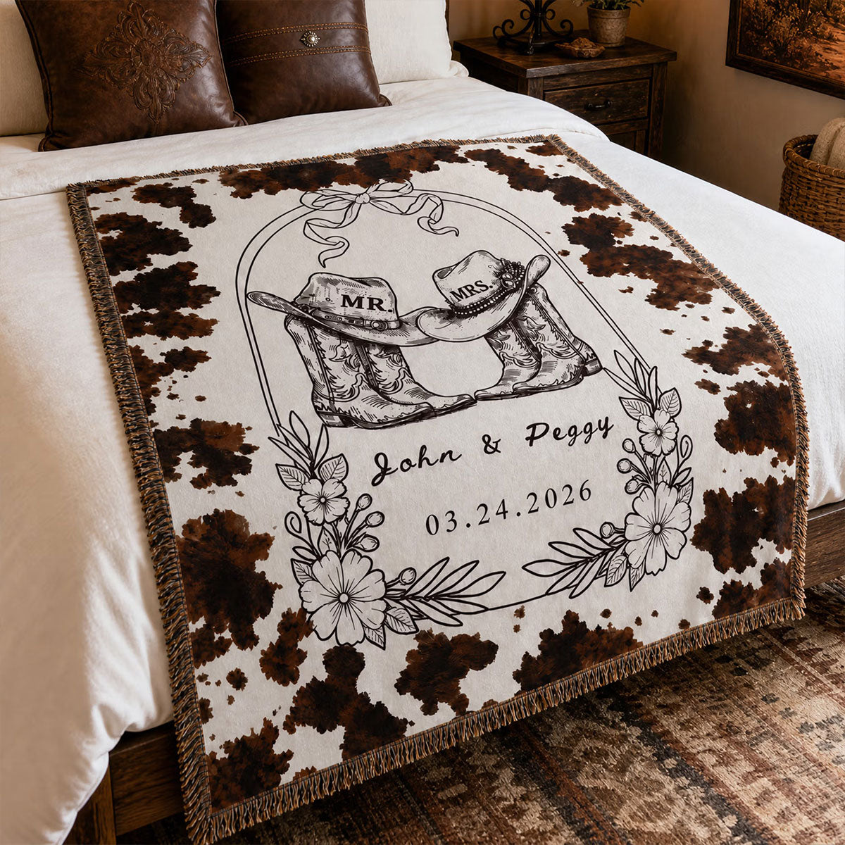 Personalized Wedding Gift Blanket - Rustic Western Mr and Mrs Blanket with Cow Boots Design - Custom Date Anniversary Present for Couples