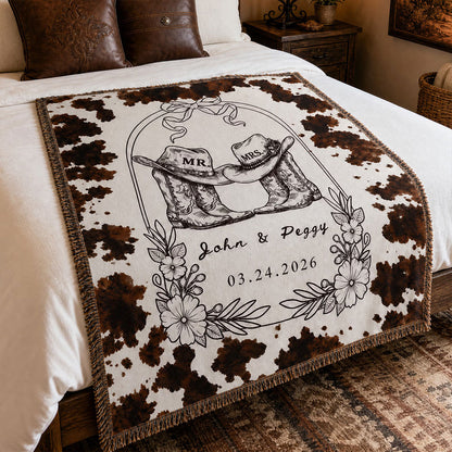 Personalized Wedding Gift Blanket - Rustic Western Mr and Mrs Blanket with Cow Boots Design - Custom Date Anniversary Present for Couples