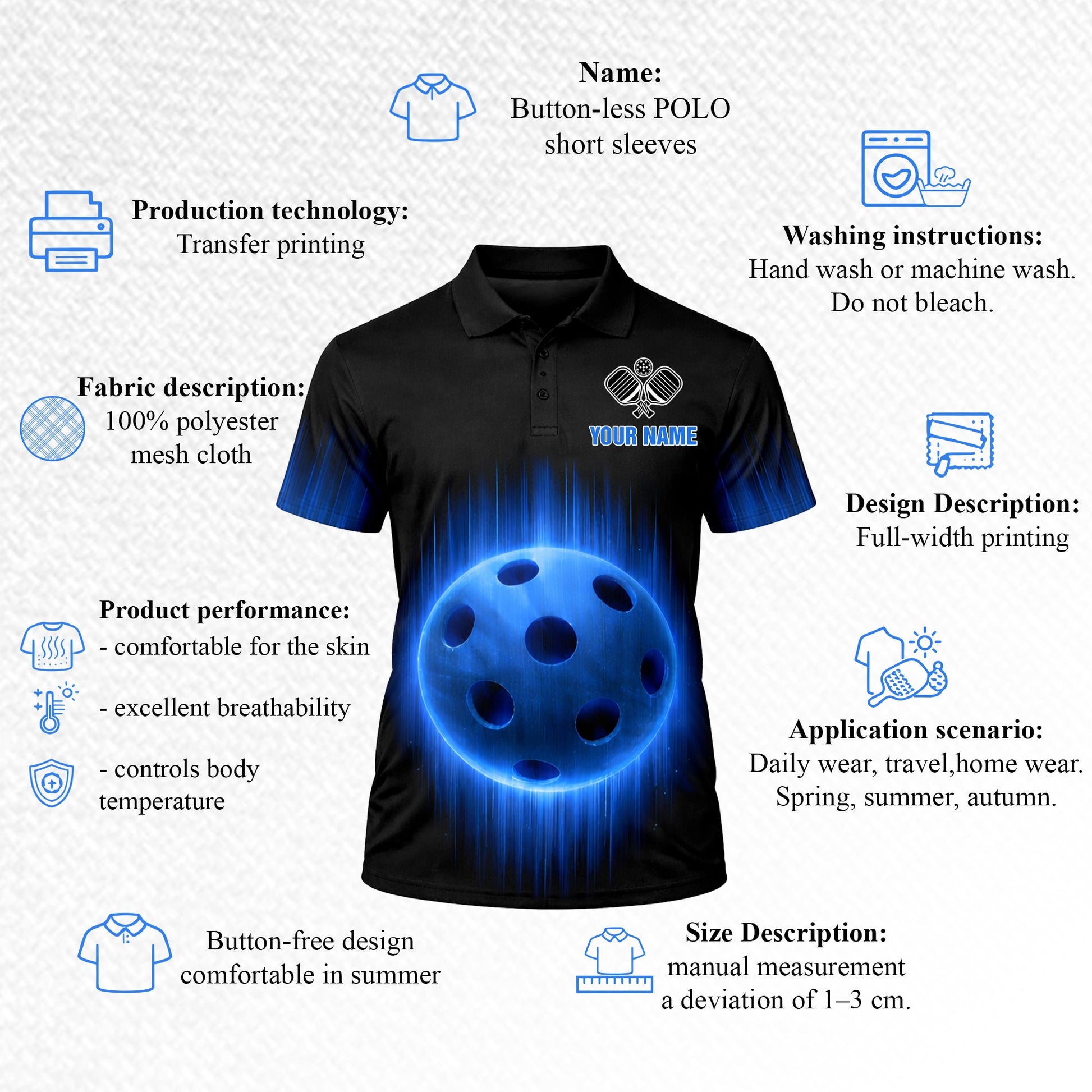 Personalized Pickleball Polo Shirt Men Custom Name Team Glowing Blue Ball Lightning Design Moisture Wicking Polyester Black Blue Short Sleeve Tee
