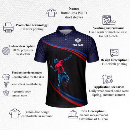 Pickleball Polo Shirt Personalized Name Men Women Sport Performance Polo Blue Red Player Design