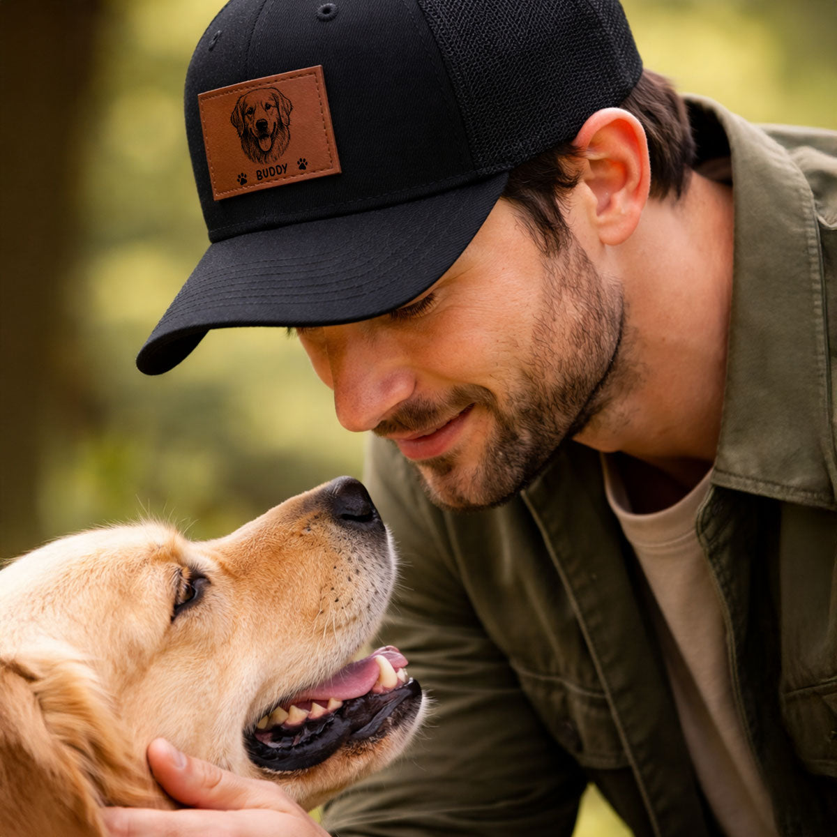Custom Photo Pencil Sketch Just A Man & His Dog - Leather Label Net Hat