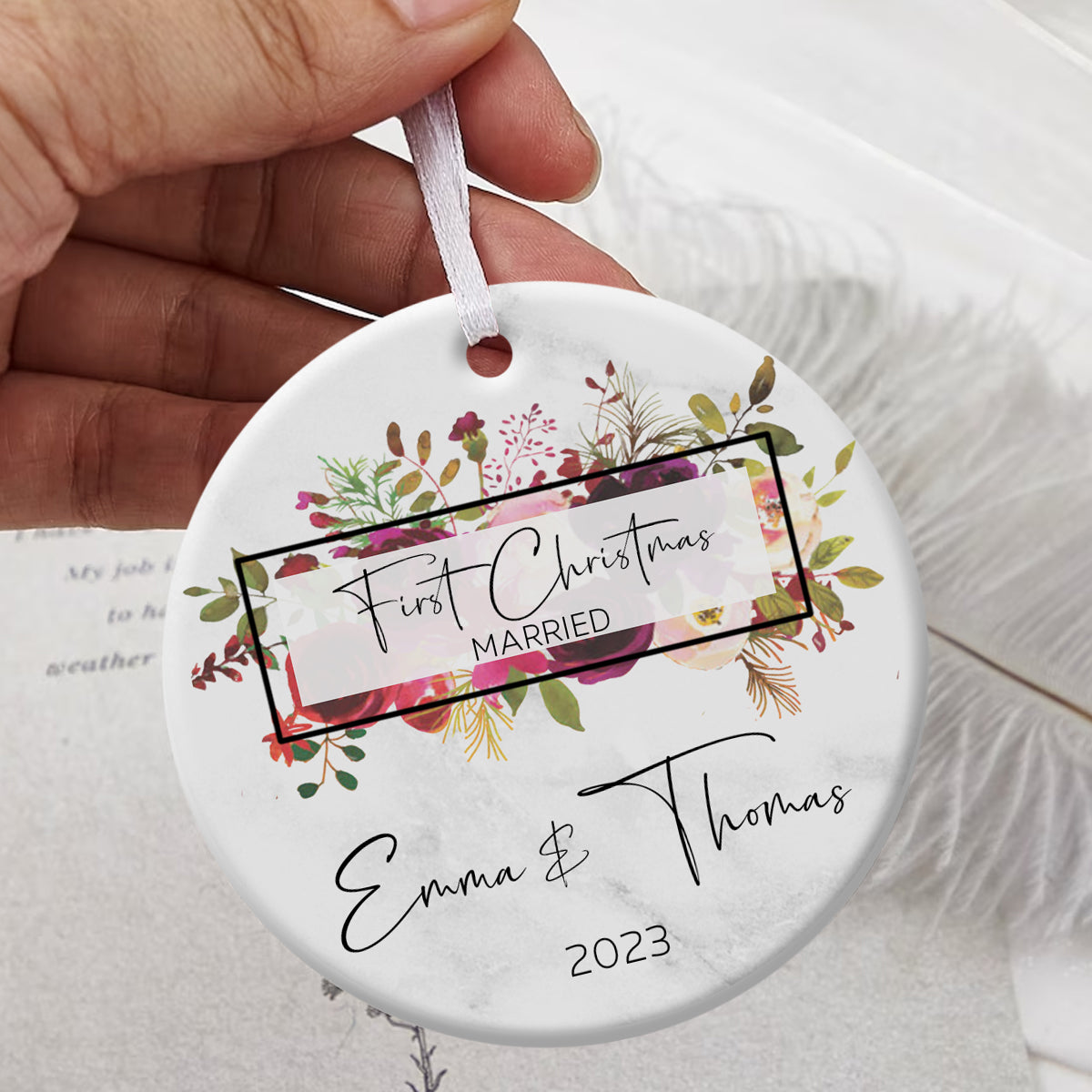 First Christmas Married Tropical Leaves - Personalized Ornament - Christmas Gift 3_eca1675b-cda6-41f0-9c65-abf06f5ddb23.jpg