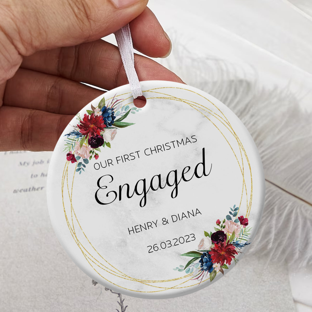 First Christmas Engaged Tropical Flowers - Personalized Ornament - Christmas Gift 3_f8bd5196-7512-4267-8d13-de826715e805.jpg