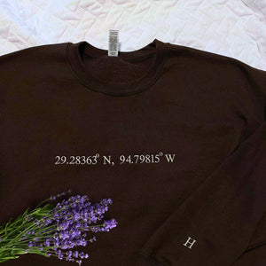 Custom Longitude and Latitude Location Embroidered Sweatshirt Hoodie