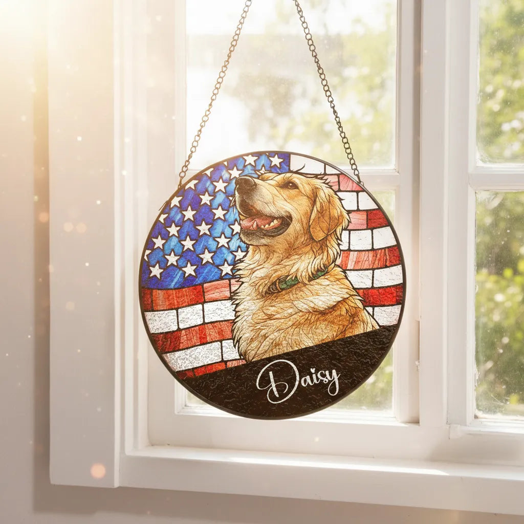 Custom Dog Cat Photo USA 250 Anniversary - Stained Glass Window Hanging Suncatcher