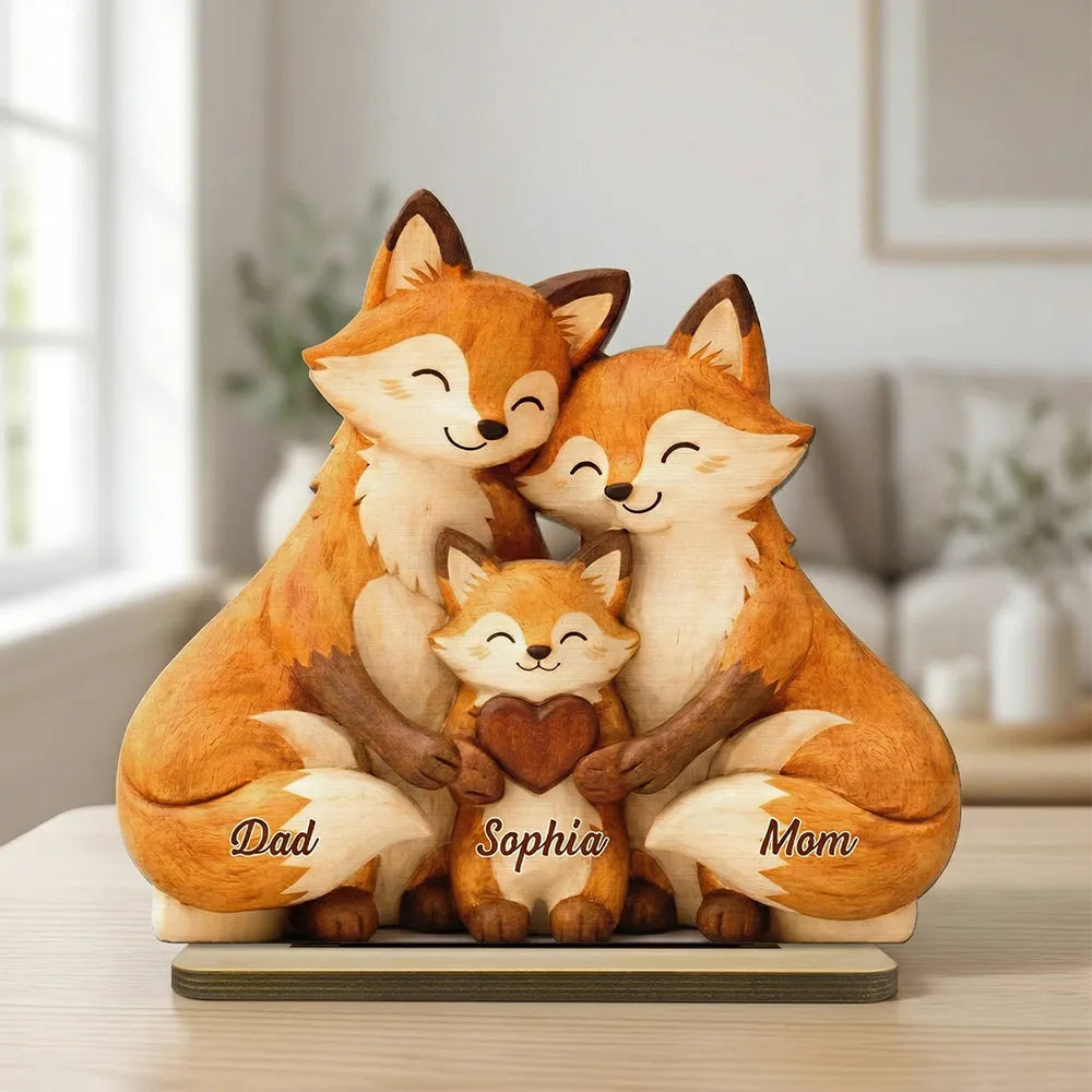 Cozy Fox Family - Personalized 2-Layered Wooden Plaque - Mother's Day Gift