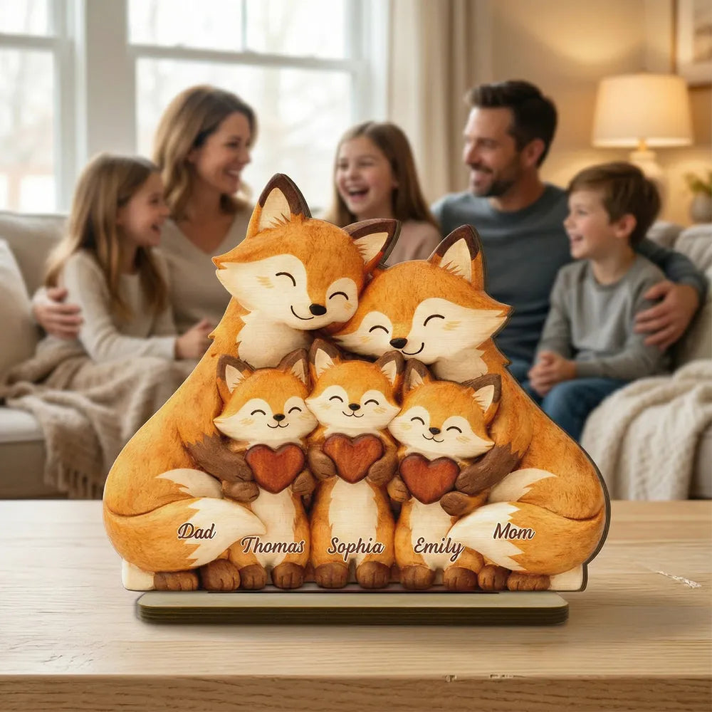 Cozy Fox Family - Personalized 2-Layered Wooden Plaque - Mother's Day Gift
