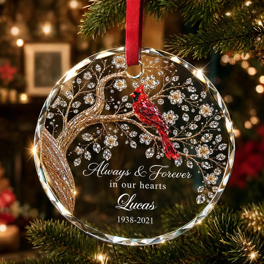 Always And Forever in Our Hearts - Personalized Glass Ornament - Heartfelt Memory Sympathy Keepsake for Loved Ones