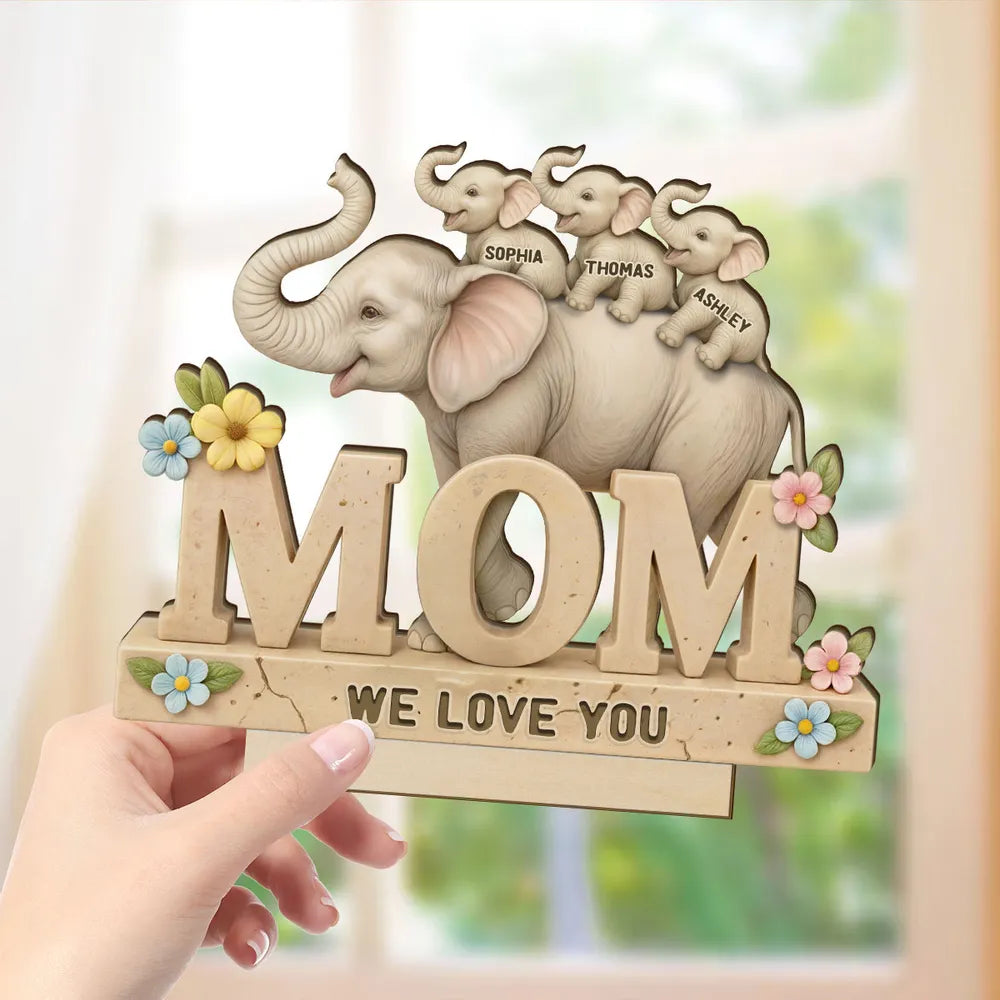 3D Effect Elephant MOM Personalized Standing Wooden Plaque, Gift For Mom