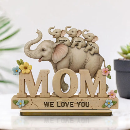 3D Effect Elephant MOM Personalized Standing Wooden Plaque, Gift For Mom