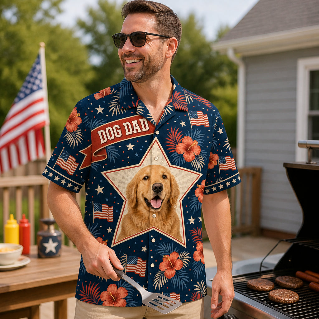 Patriotic Dog Dad Hawaiian Shirt — Custom Pet Photo - Lifestyle 1