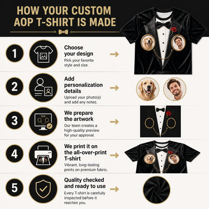 Tuxedo Cameos – Your Face & Pet Face AOP Tee - How it is made