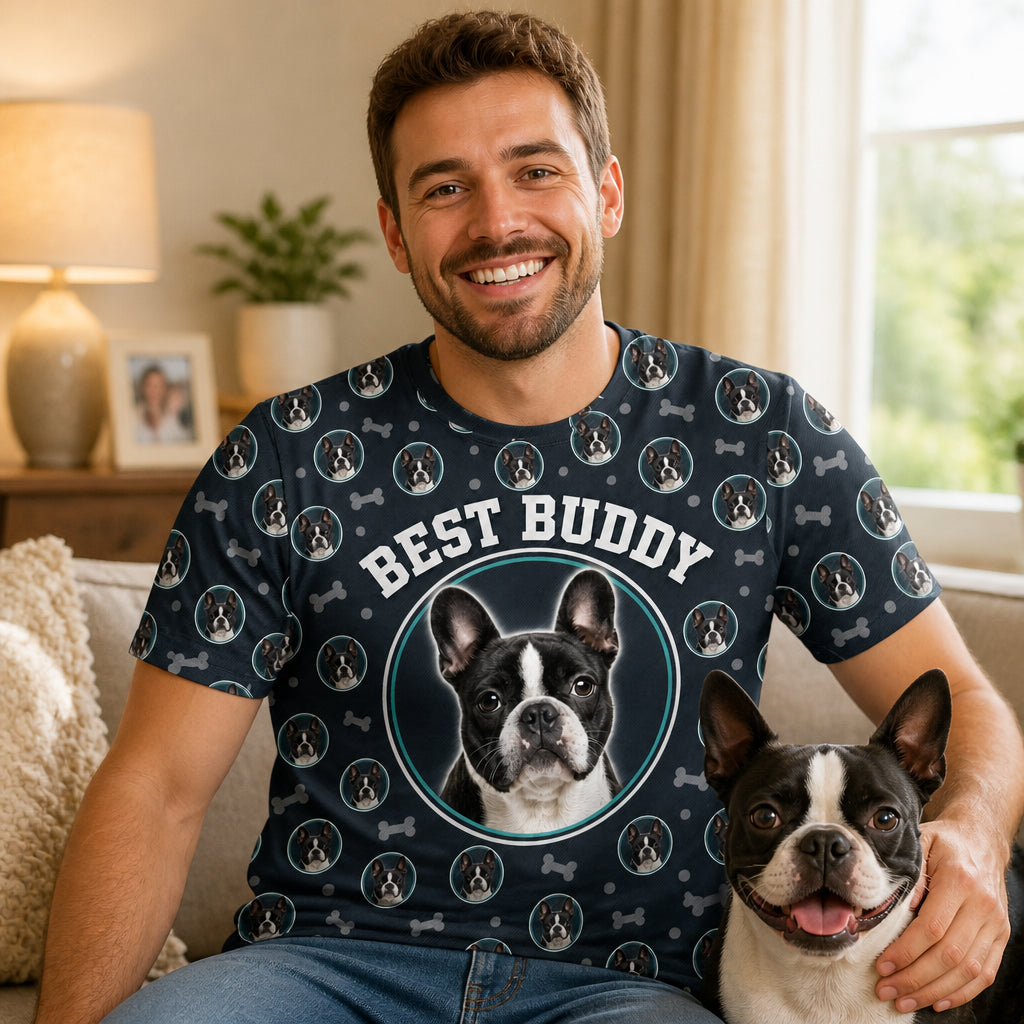 Custom Pet Photo Pattern AOP T‑Shirt - Lifestyle 1