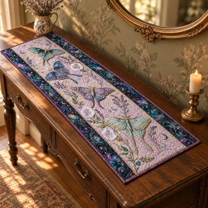Quilted Luna Moth Table Runner, Celestial Botanical Decor, Asthetic Gift 3e3ae52e-6be4-4599-857a-31206c01e985-Celestial-moth-runner-on-an-antique-console-5.png