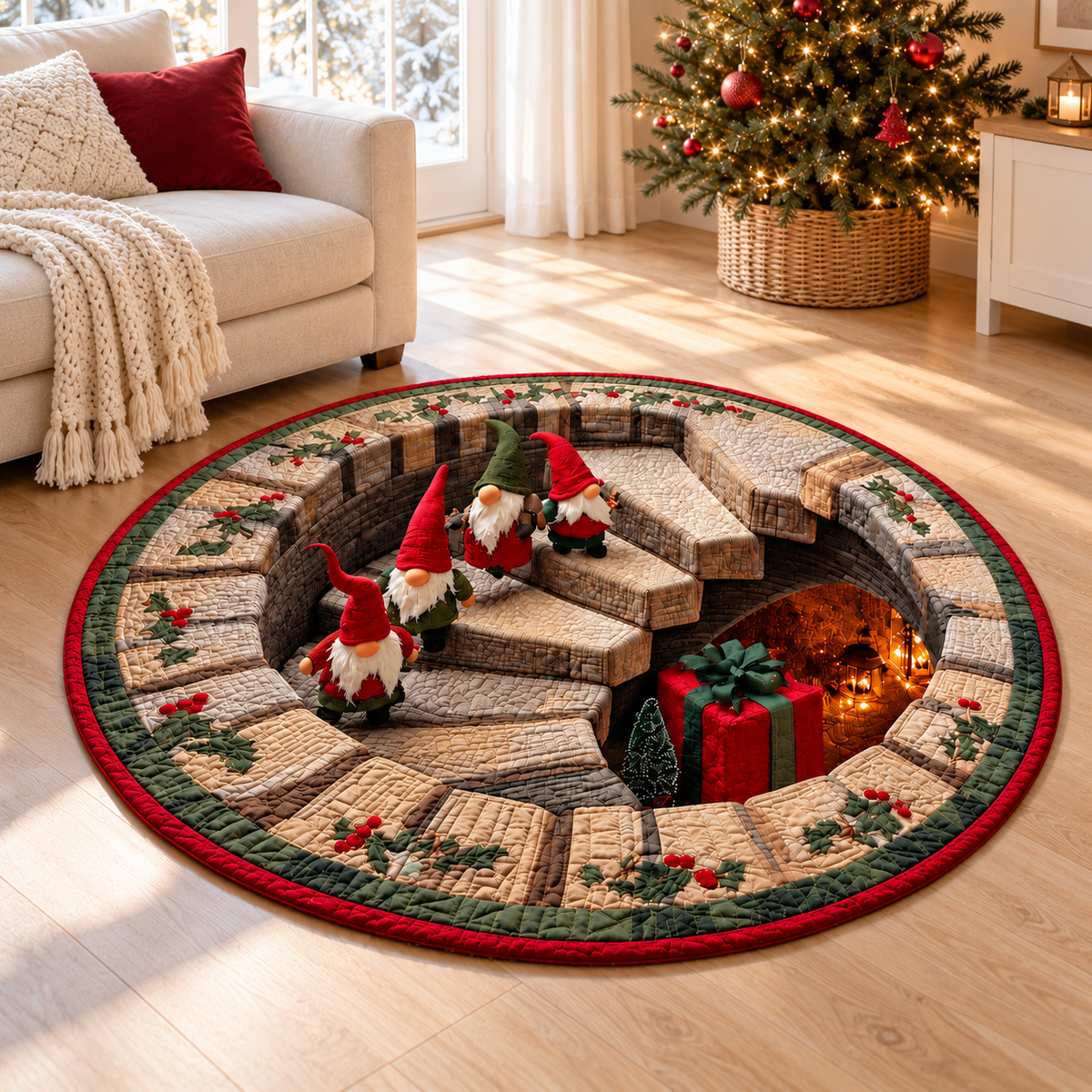 Christmas Gnome Quilted Round Rug, Faux 3D Staircase Vortex Optical Illusion Carpet, Nordic Tomte Holiday Living Room Floor Decor, Gift For Family 3f8e4079-9e24-4592-9c80-549ded2b40ef-Th-m-Noel-tr-n-ph-ng-kh-ch-B-c-u-1.png