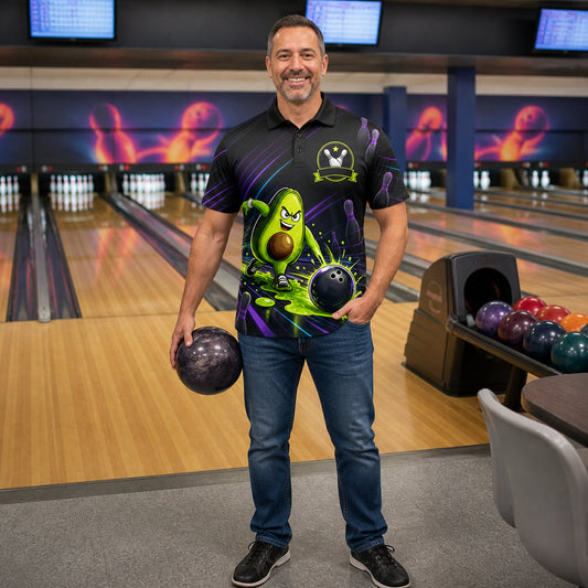 Personalized Neon Avocado Bowling Polo Shirt – Custom Name, All-Over Print