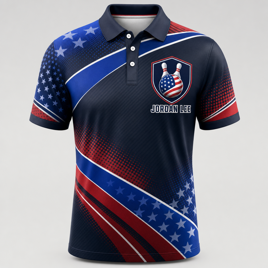 Personalized Stars, Stripes & Strikes Bowling Polo Shirt – Custom Name, All-Over Print