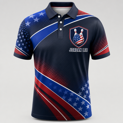 Personalized Stars, Stripes & Strikes Bowling Polo Shirt – Custom Name, All-Over Print