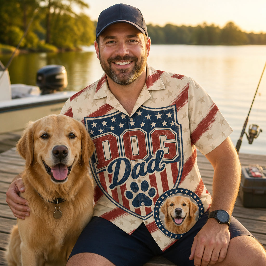 Patriotic Dog Dad Hawaiian Shirt – Custom Pet Photo - Lifestyle 1