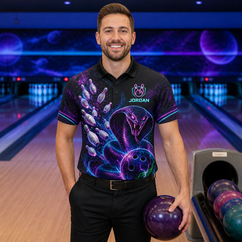 Personalized Strike Like a Cobra Bowling Polo Shirt – Custom Name, All-Over Print