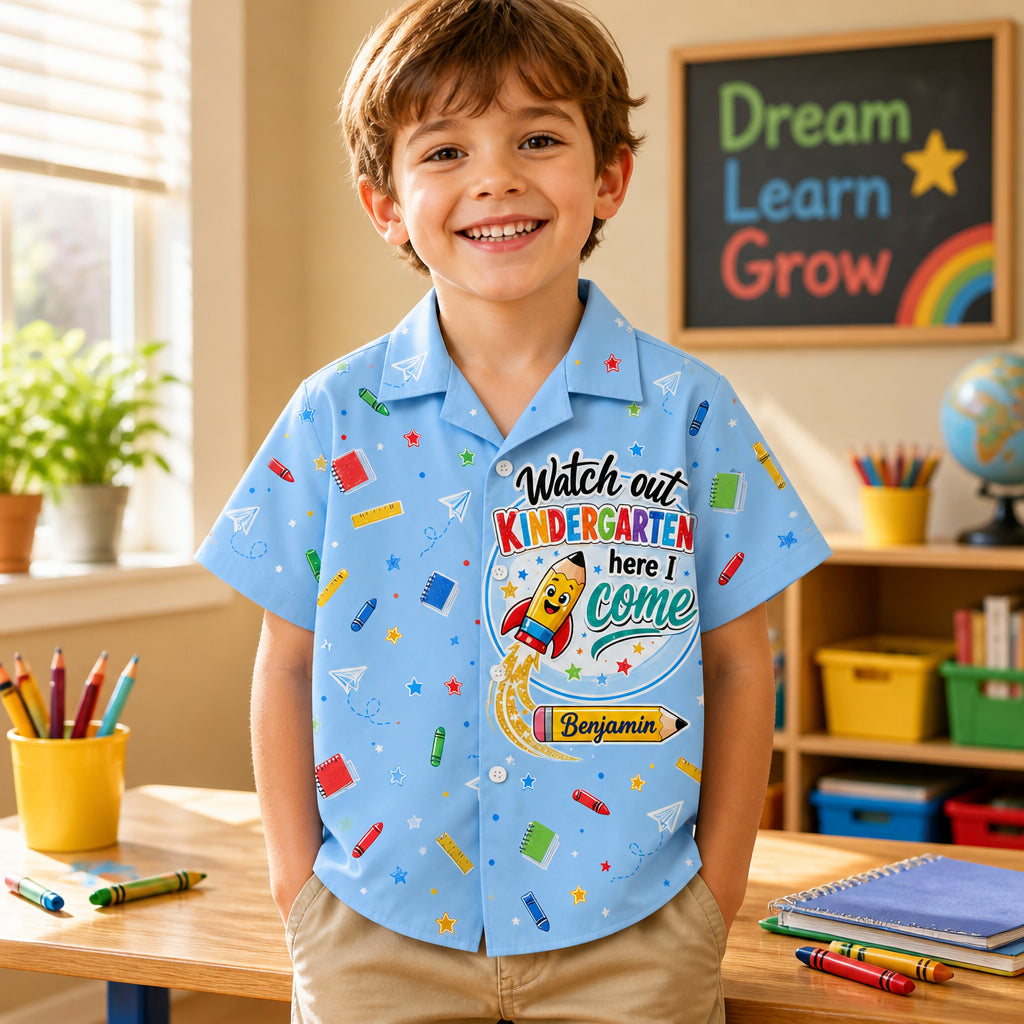 Watch Out Kindergarten Here I Come – Kids AOP Shirt (Name Personalization) - Personalized Hawaiian Kids Shirt - AOP 41e091ce-952c-48fb-89c1-bdefb9302a6d.jpg