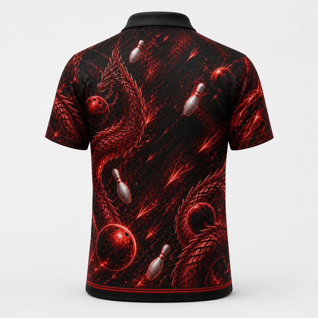 Personalized Fire Dragon Bowling Polo Shirt – Custom Name, All-Over Print