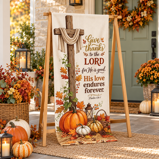 Thanksgiving Psalm 136 Linen Tapestry: Christian Cross Fall Pumpkin Sign 42da1737-fbc9-4d13-b436-445d4184a1ae-banner-1.png