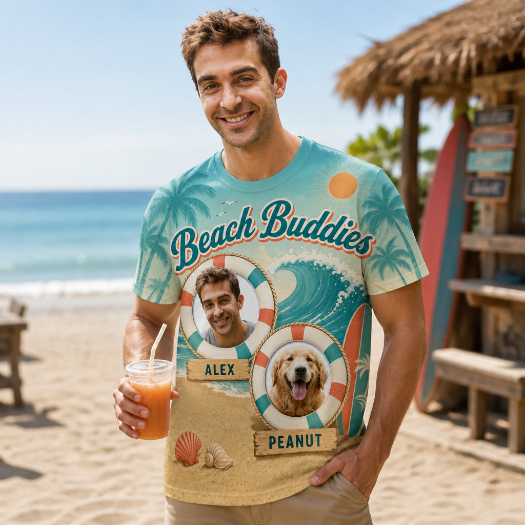 Beach Buddies — Custom Person + Pet Photo AOP T‑Shirt - Lifestyle 2