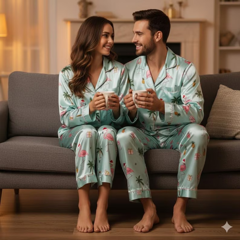 Tropical Flamingo Christmas Satin Pajamas Set, Palm Tree Holiday PJs, Beach Christmas Loungewear, Matching Family Xmas Sleepwear 4571bc80-f031-4055-ab8b-b9771cbb068e-12.png