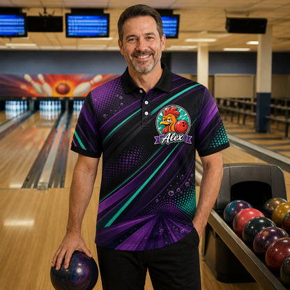 Personalized Strike Rooster Bowling Polo Shirt – Custom Name, All-Over Print