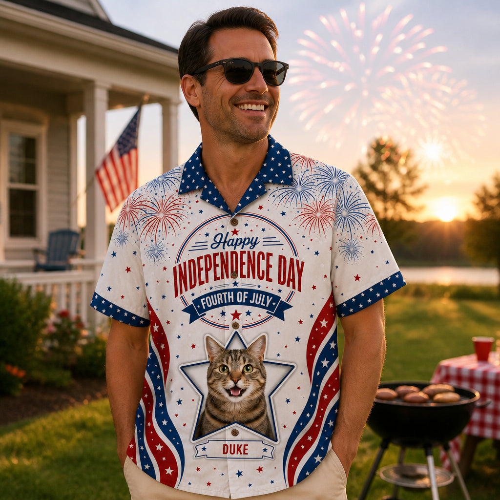 Patriotic Fireworks Pet Photo Hawaiian Shirt - Independence Day - Lifestyle 1