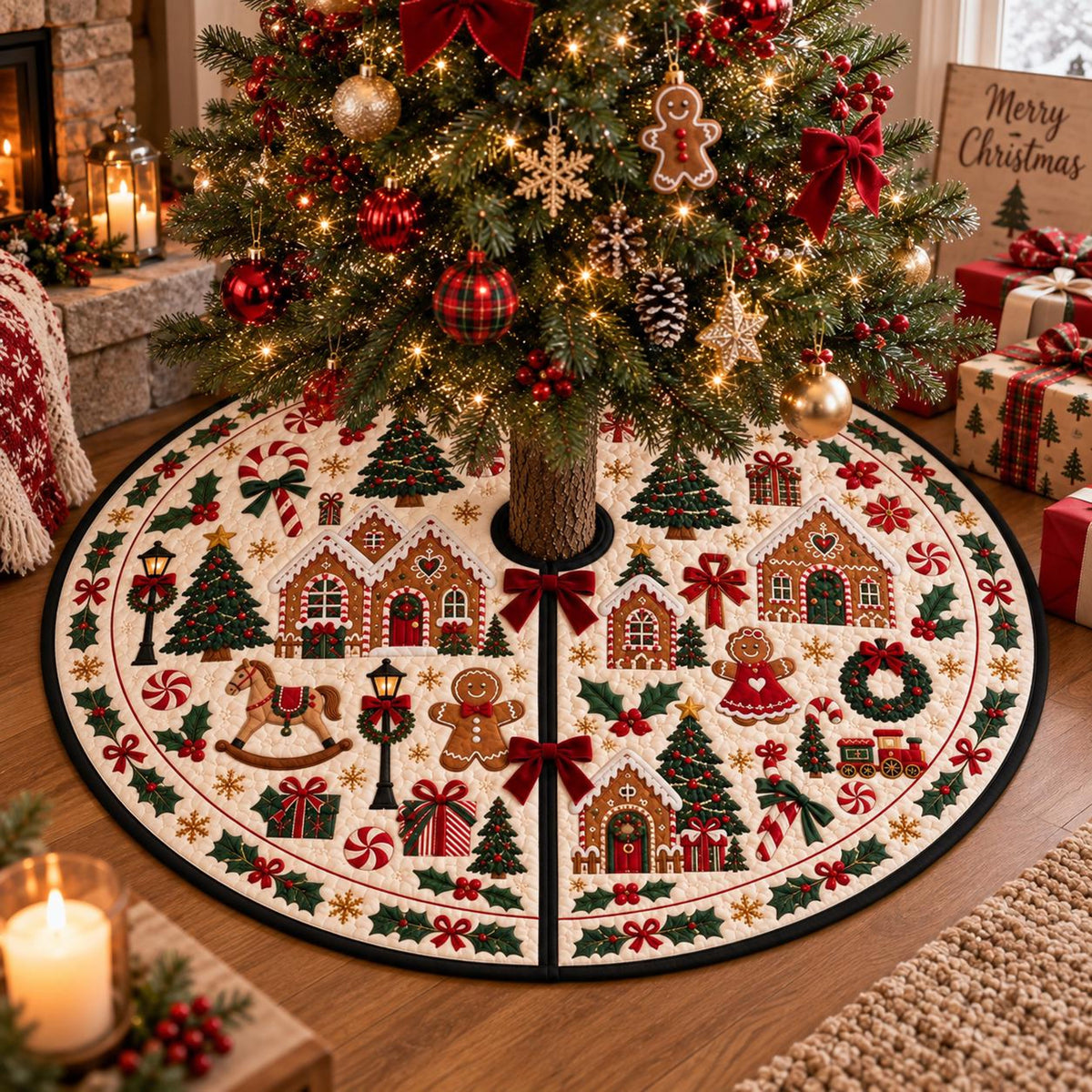 Vintage Nutcracker Quilted Christmas Tree Skirt, Gingerbread Village Mat 45d5924b-57c5-45b3-b281-9425504d762b-2.jpg