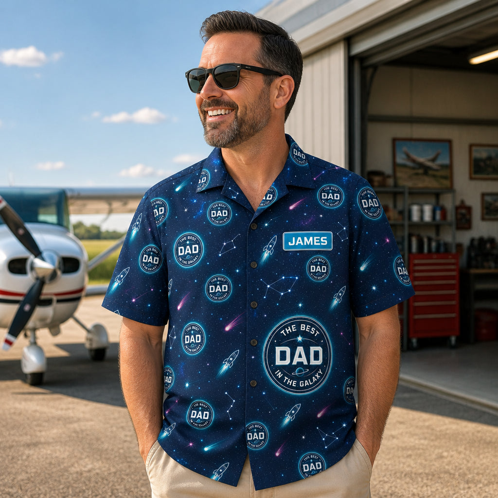 Best Dad in the Galaxy – Mission Patch Hawaiian Shirt (Personalized Name) - Lifestyle 1