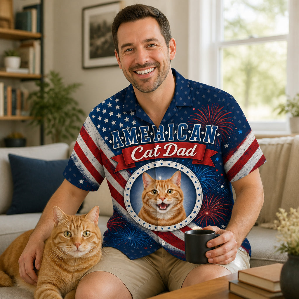 American Cat Dad Photo Hawaiian Shirt - Lifestyle 1