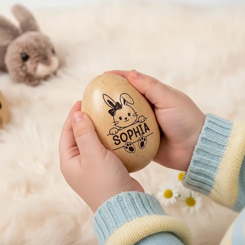 Adorable Bunny With Name - Personalized Wooden Easter Egg