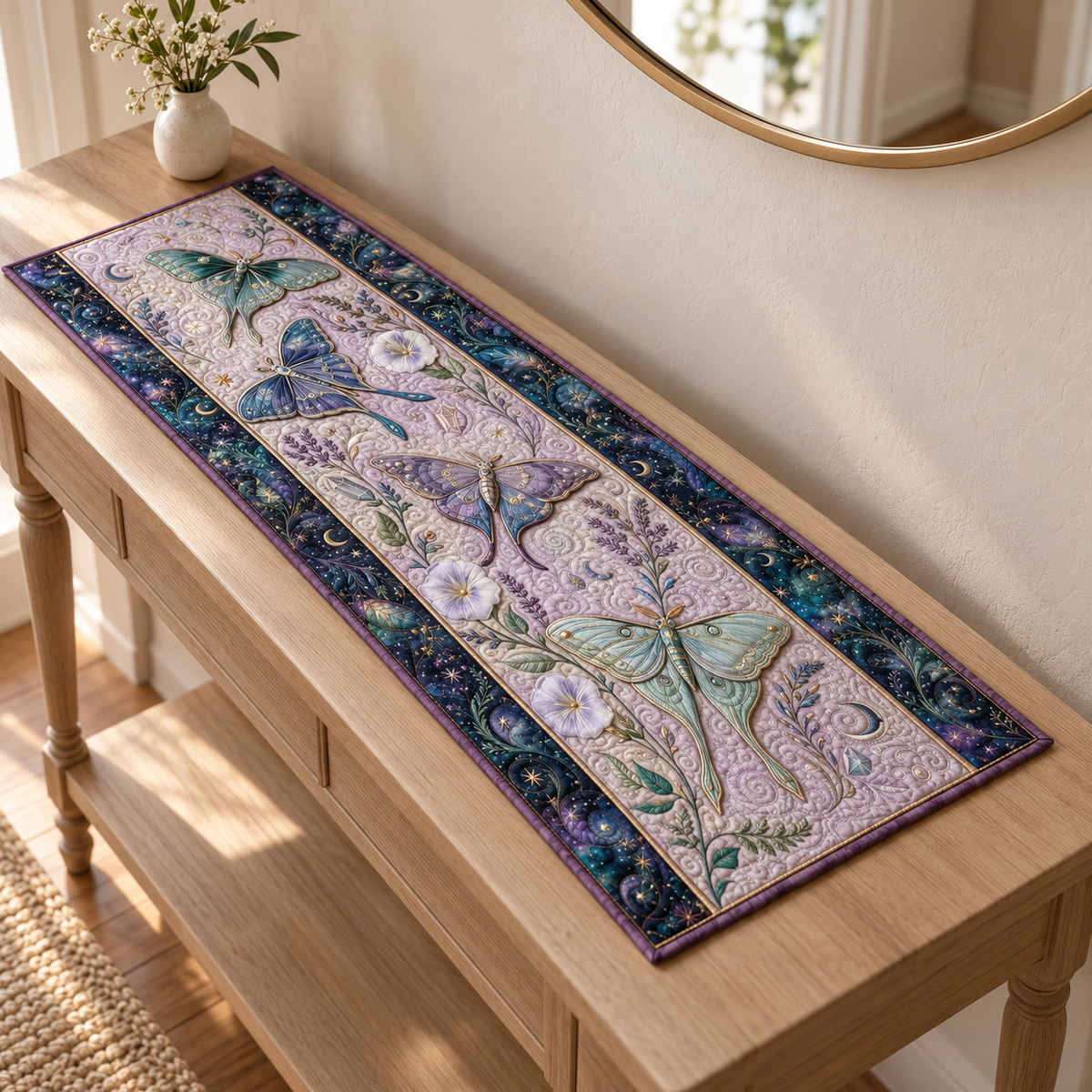 Quilted Luna Moth Table Runner, Celestial Botanical Decor, Asthetic Gift 48944446-9914-470f-89be-090d0d7c3c1a-Celestial-lavender-moth-runner-on-oak-console-1.png