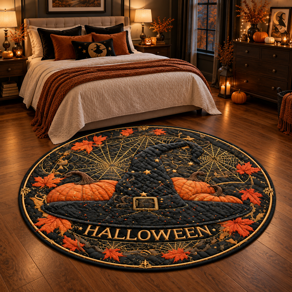 Round Halloween Rug with Witch Hat and Pumpkin Design, Gothic Autumn Home Decor Carpet, Spooky Fall Living Room Accent Floor Mat 48ee82b7-1d34-4d84-8eec-032d1212a93a-banner-3.png