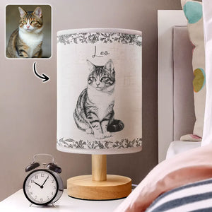 Custom Photo Pencil Sketch Memorial Family Dog Cat Portrait - Personalized Table Lamp