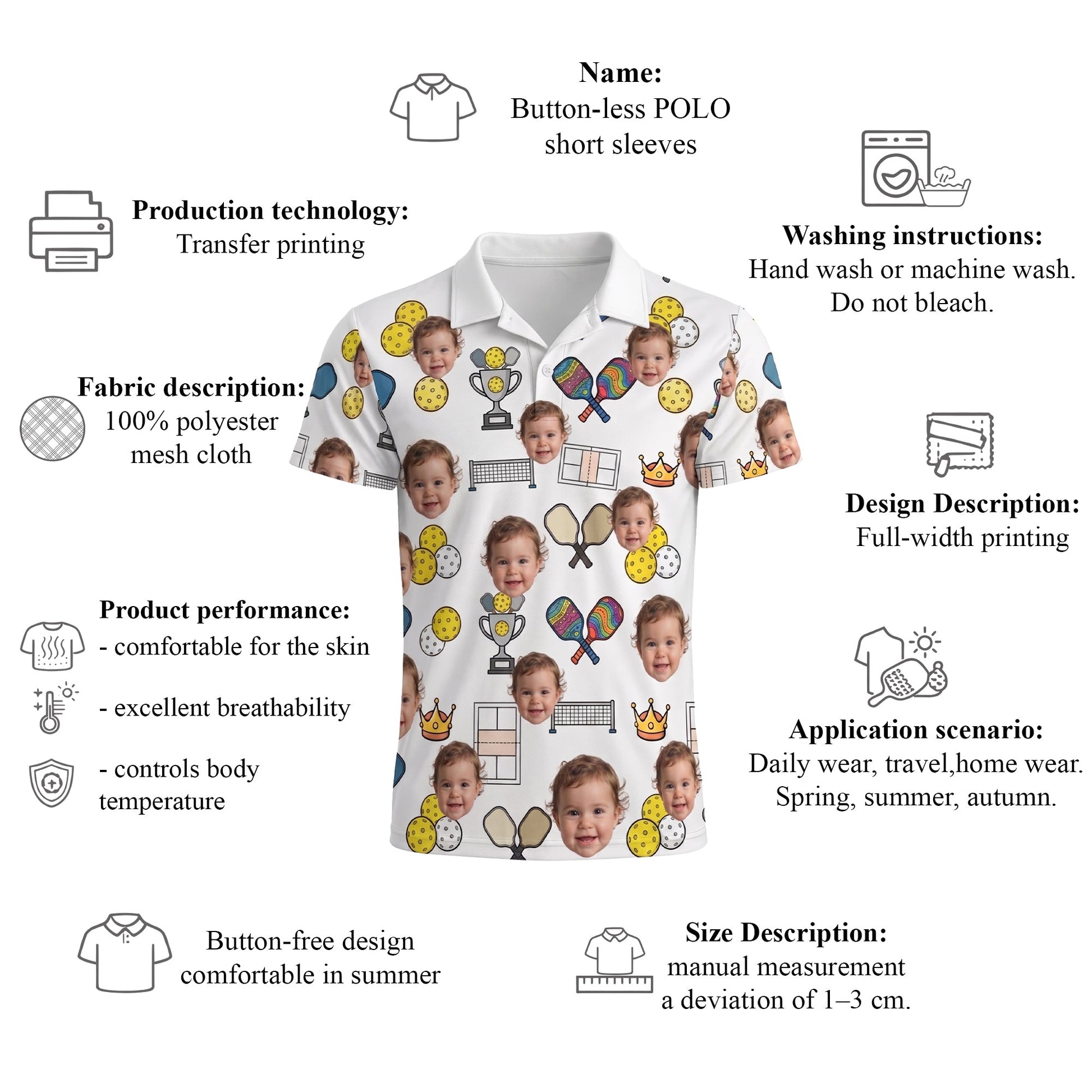 Custom Photo Pickleball Polo Shirt Men Funny Face