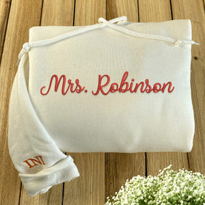 Custom Mrs Sweatshirt Embroidered, Bride Gifts for Honeymoon Wedding Day with Initial Heart or Roman Date on Sleeve