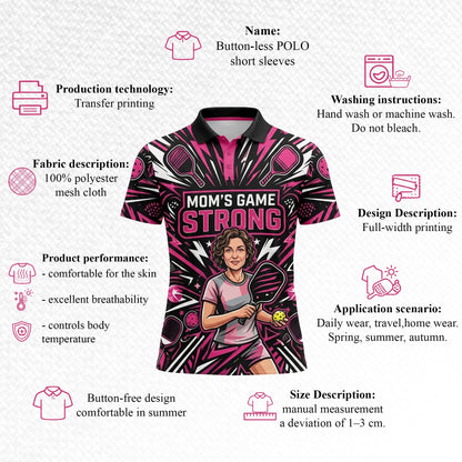 Moms Game Strong Pickleball Polo Shirt for Women Pink