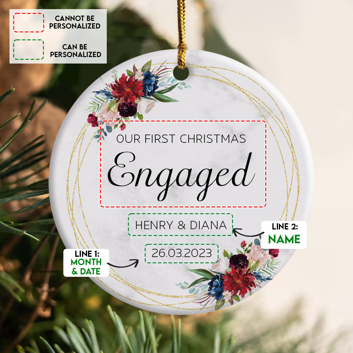 First Christmas Engaged Tropical Flowers - Personalized Ornament - Christmas Gift 4_757b59bf-ec89-46e6-bb74-43e8c882ed89.jpg