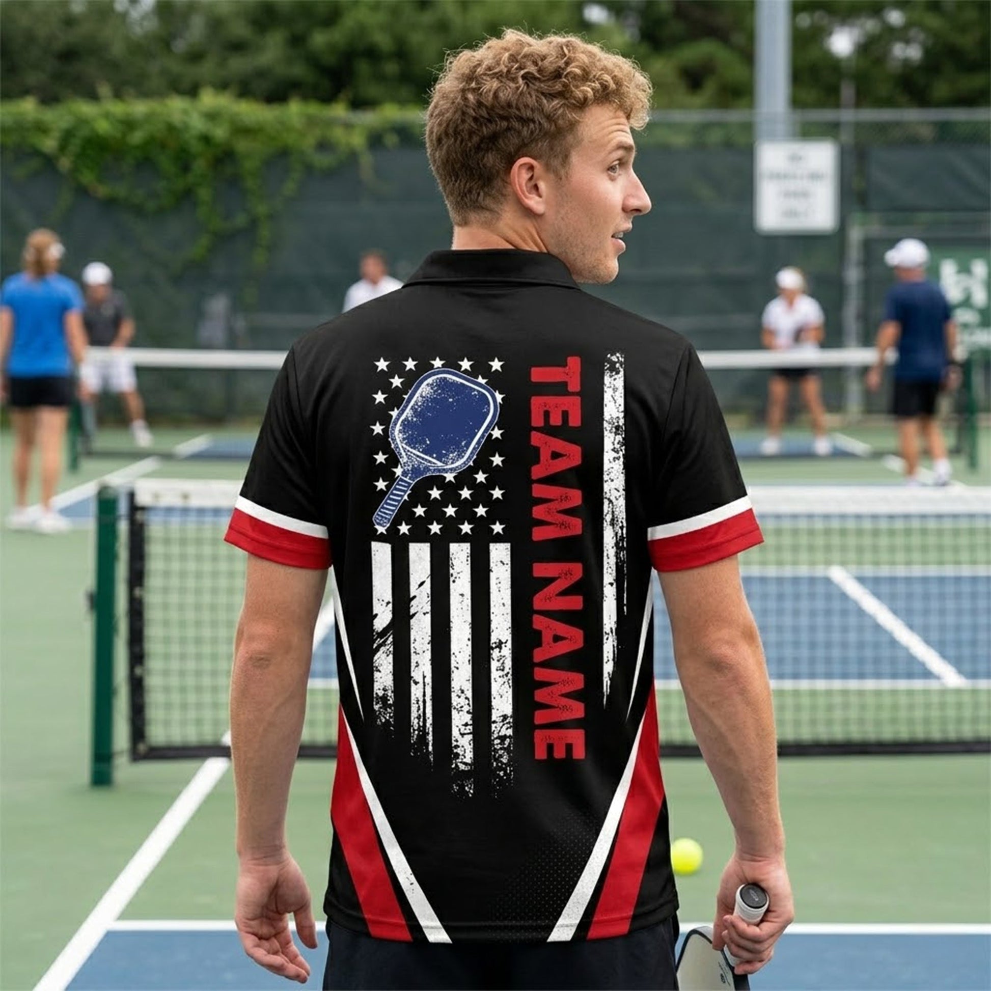 Custom Pickleball Polo Shirt USA Flag Personalized Name