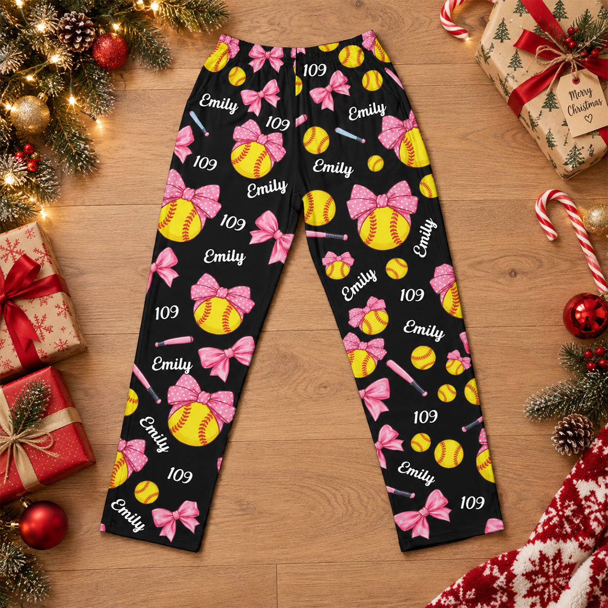 Coquette Bow Softball Custom Name, Number Gift For Softball Player, Softball Team - Personalized Lounge Pants