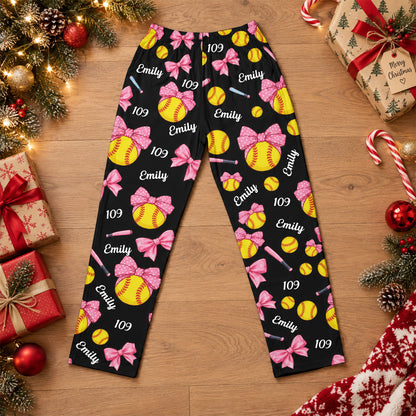 Coquette Bow Softball Custom Name, Number Gift For Softball Player, Softball Team - Personalized Lounge Pants