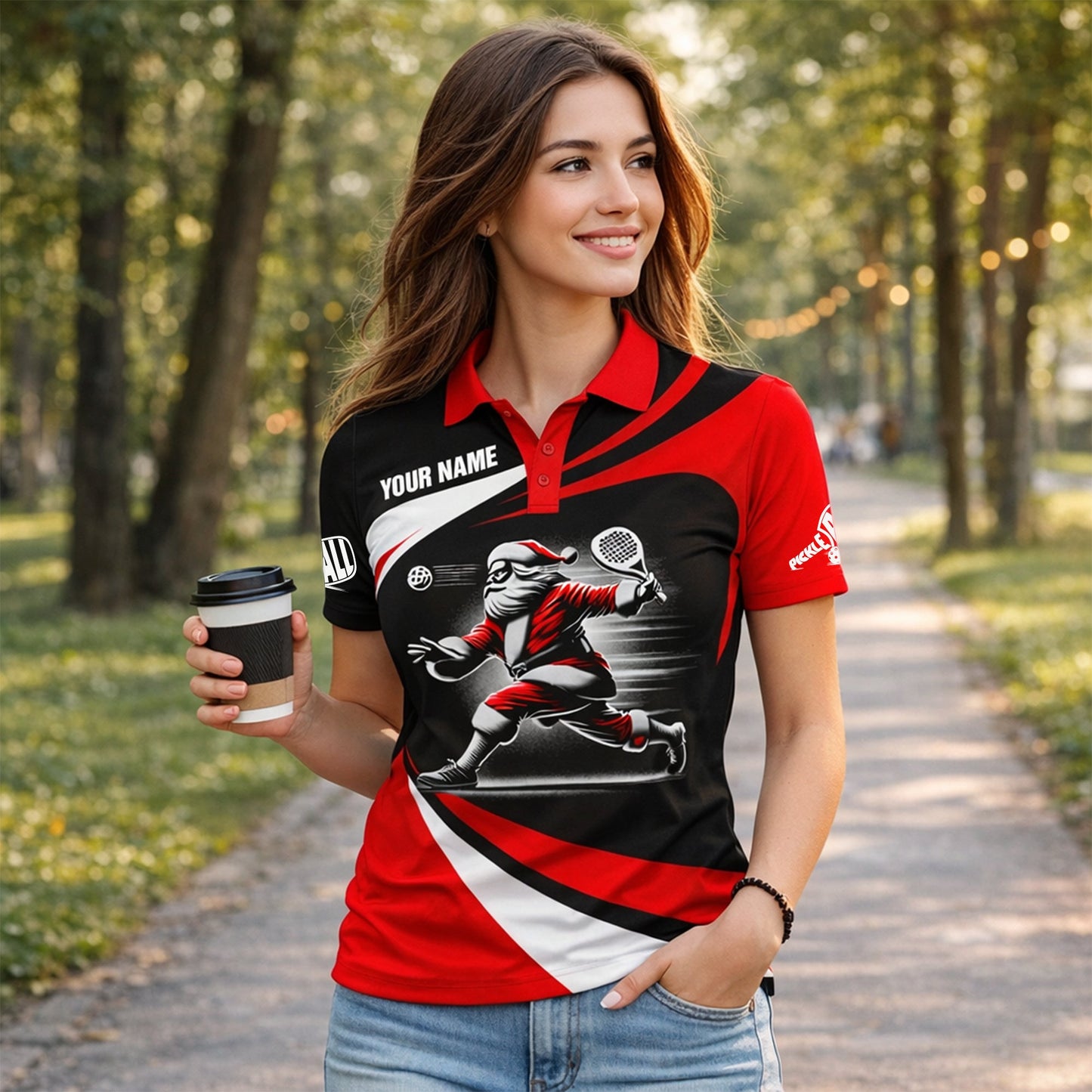 Christmas Pickleball Polo Shirt Custom Name Santa Player Red Black Sports Shirt Gift
