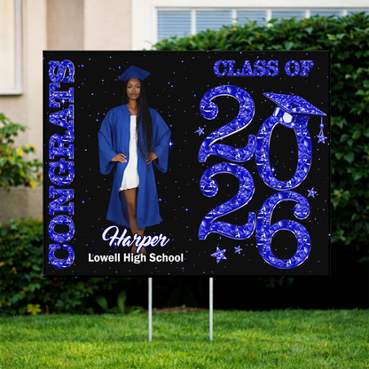 Class Of 2026 Glitter Graduation Photo Yard Sign - Personalized Lawn Sign